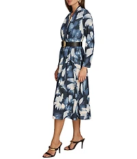 Donna Karan V-Neck Long Sleeve Belted Fit and Flare Midi Dress