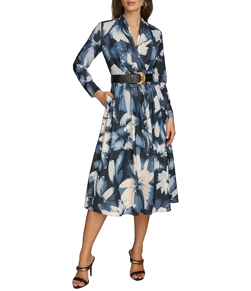 Donna Karan V-Neck Long Sleeve Belted Fit and Flare Midi Dress