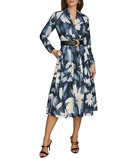 Donna Karan V-Neck Long Sleeve Belted Fit and Flare Midi Dress