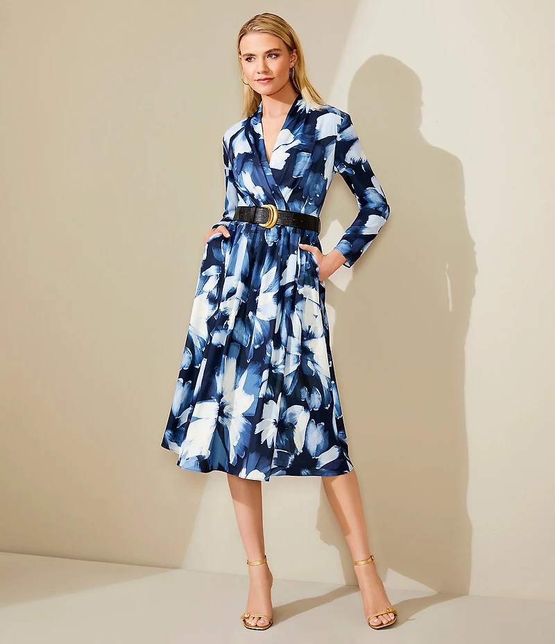 Donna Karan V-Neck Long Sleeve Belted Fit and Flare Midi Dress