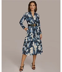 Donna Karan V-Neck Long Sleeve Belted Fit and Flare Midi Dress