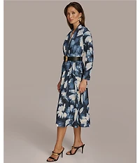 Donna Karan V-Neck Long Sleeve Belted Fit and Flare Midi Dress