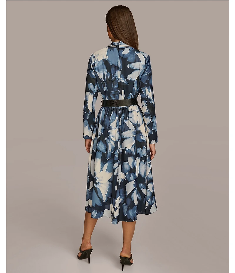 Donna Karan V-Neck Long Sleeve Belted Fit and Flare Midi Dress