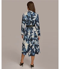 Donna Karan V-Neck Long Sleeve Belted Fit and Flare Midi Dress