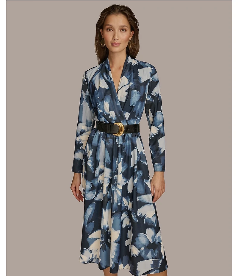 Donna Karan V-Neck Long Sleeve Belted Fit and Flare Midi Dress