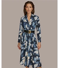 Donna Karan V-Neck Long Sleeve Belted Fit and Flare Midi Dress