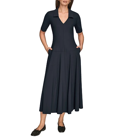 Donna Karan V-Neck Short Sleeve A-Line Midi Dress