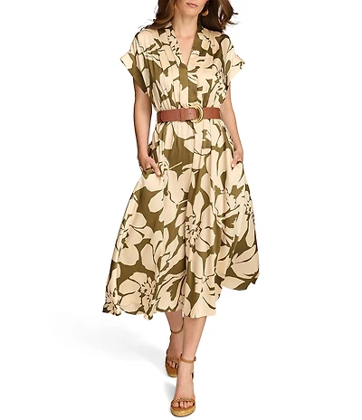Donna Karan V-Neck Short Sleeve Belted Floral Midi Dress
