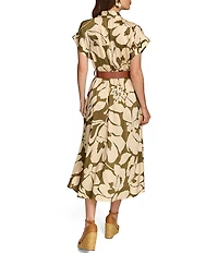 Donna Karan V-Neck Short Sleeve Belted Floral Midi Dress