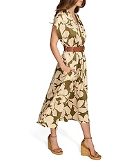 Donna Karan V-Neck Short Sleeve Belted Floral Midi Dress