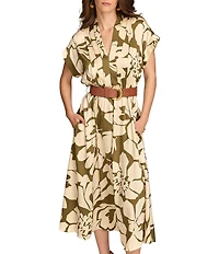 Donna Karan V-Neck Short Sleeve Belted Floral Midi Dress