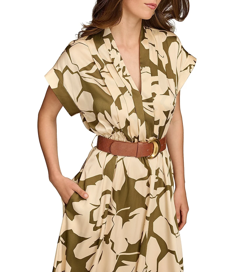 Donna Karan V-Neck Short Sleeve Belted Floral Midi Dress