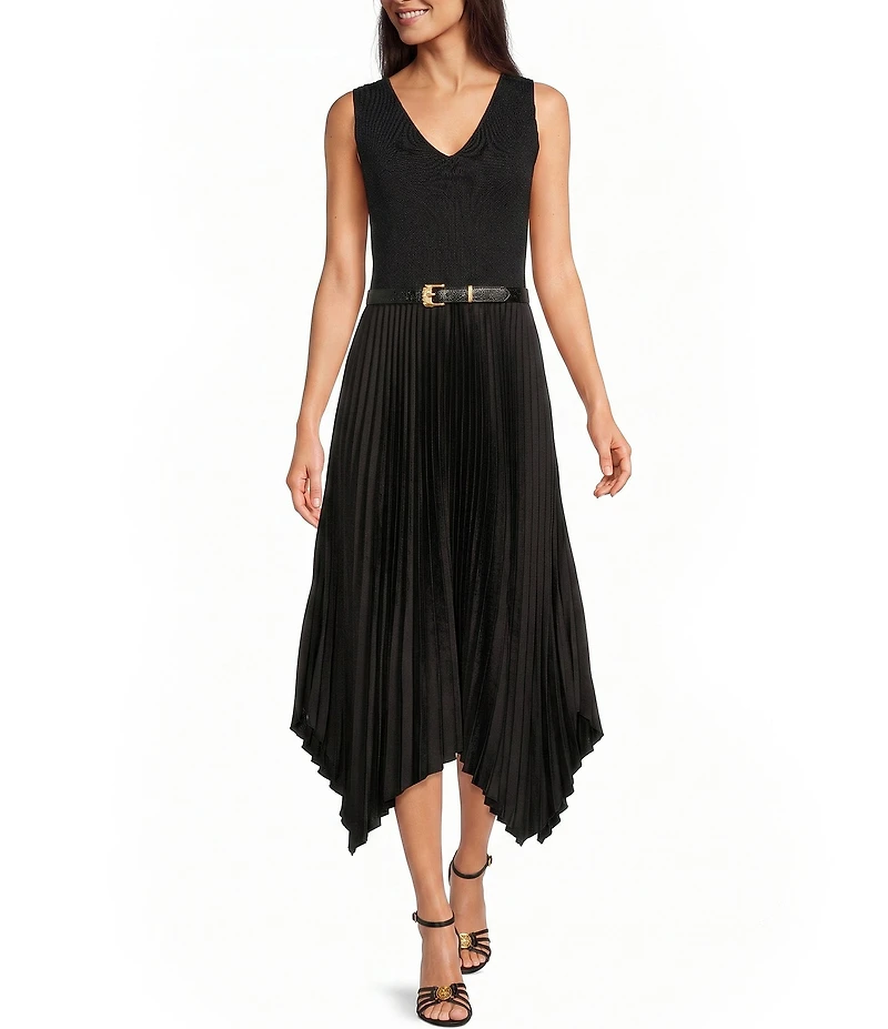 Donna Karan V-Neck Sleeveless Belted Fit and Flare Pleated Dress