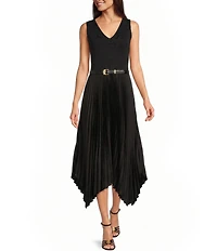 Donna Karan V-Neck Sleeveless Belted Fit and Flare Pleated Dress