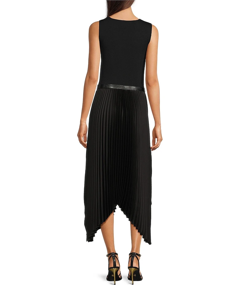 Donna Karan V-Neck Sleeveless Belted Fit and Flare Pleated Dress