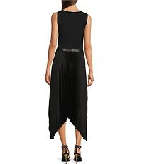 Donna Karan V-Neck Sleeveless Belted Fit and Flare Pleated Dress
