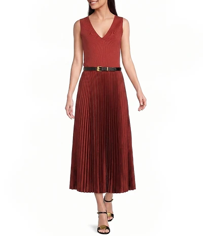 Donna Karan V-Neck Sleeveless Belted Fit and Flare Pleated Dress