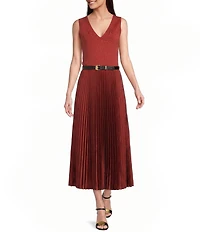 Donna Karan V-Neck Sleeveless Belted Fit and Flare Pleated Dress