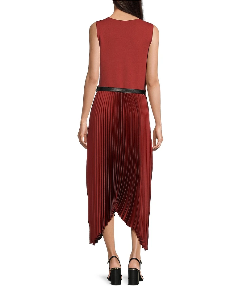 Donna Karan V-Neck Sleeveless Belted Fit and Flare Pleated Dress