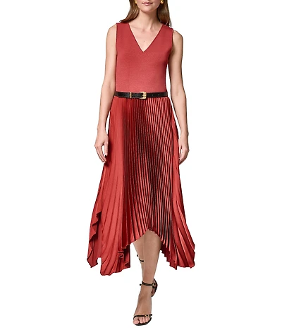 Donna Karan V-Neck Sleeveless Belted Fit-And-Flare Pleated Dress