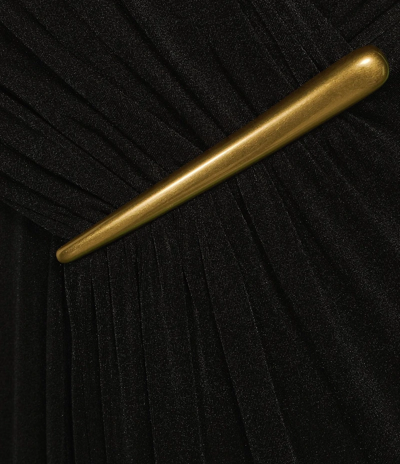Donna Karan V-Neck Sleeveless Ruched Gold Broach Sheath Dress