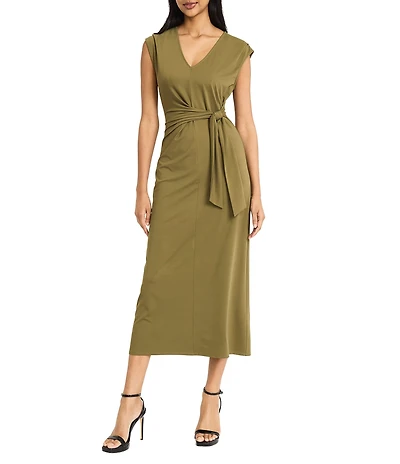 Donna Karan V-Neck Tie Waist Knit Dress