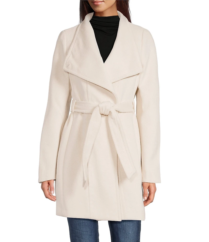 Donna Karan Wool Blend Asymmetrical Wing Collar Belted Wrap Coat