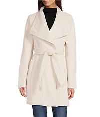 Donna Karan Wool Blend Asymmetrical Wing Collar Belted Wrap Coat