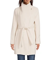 Donna Karan Wool Blend Asymmetrical Wing Collar Belted Wrap Coat