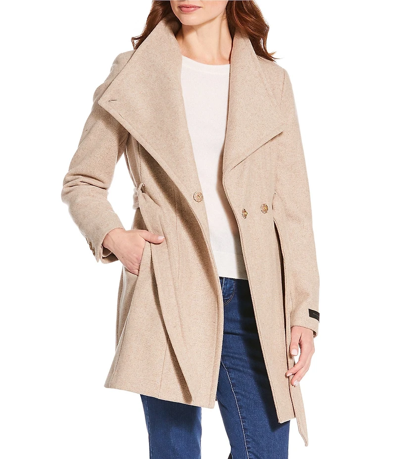 Donna Karan Wool Blend Asymmetrical Wing Collar Belted Wrap Coat