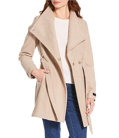 Donna Karan Wool Blend Asymmetrical Wing Collar Belted Wrap Coat