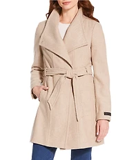 Donna Karan Wool Blend Asymmetrical Wing Collar Belted Wrap Coat