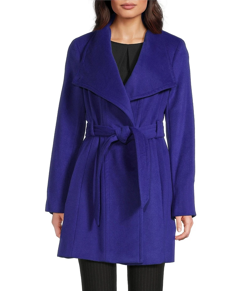 Donna Karan Wool Blend Asymmetrical Wing Collar Belted Wrap Coat