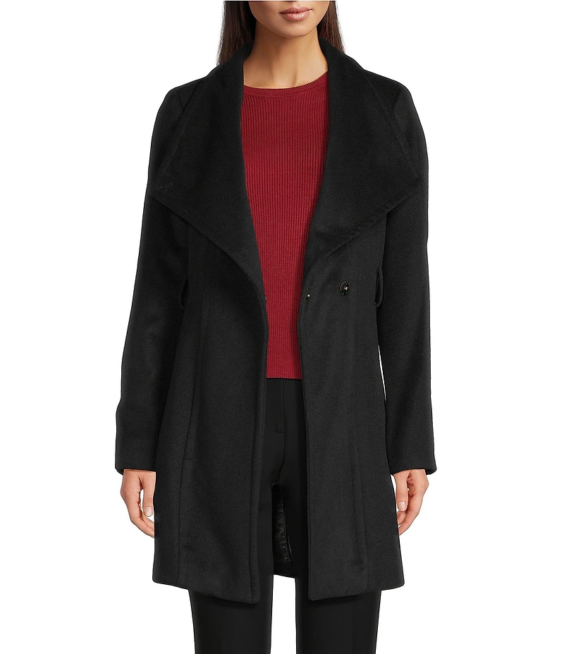 Donna Karan Wool Blend Asymmetrical Wing Collar Belted Wrap Coat