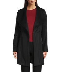 Donna Karan Wool Blend Asymmetrical Wing Collar Belted Wrap Coat