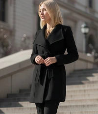 Donna Karan Wool Blend Asymmetrical Wing Collar Belted Wrap Coat