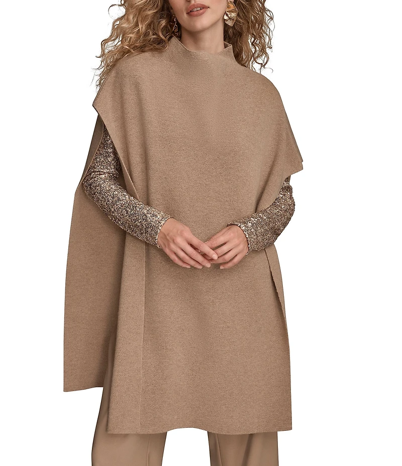 Donna Karan Wool Blend Mock Neck Asymmetric Poncho