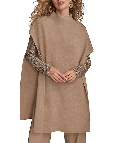 Donna Karan Wool Blend Mock Neck Asymmetric Poncho