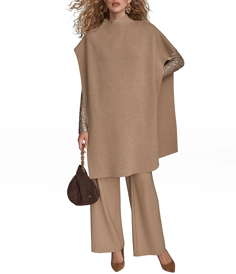 Donna Karan Wool Blend Mock Neck Asymmetric Poncho