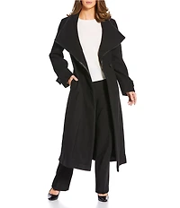 Donna Karan Wool Blend Plaid Print Wing Collar Belted Trench Coat