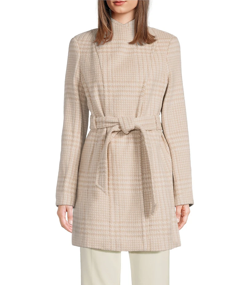 Donna Karan Wool Blend Printed Asymmetrical Wing Collar Belted Wrap Coat