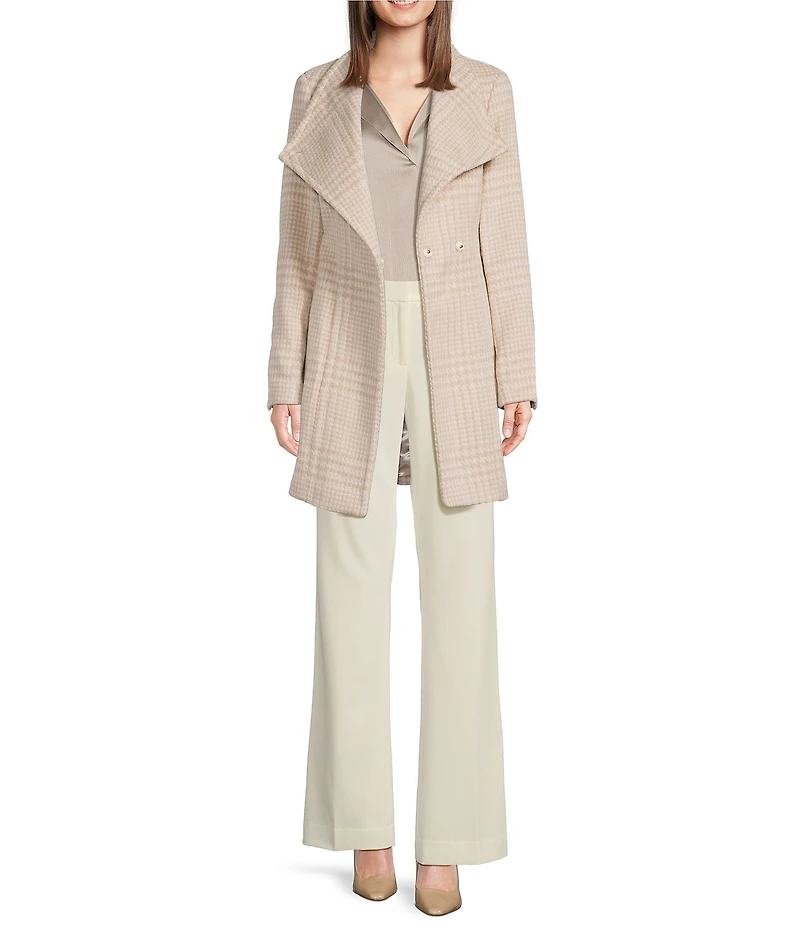 Donna Karan Wool Blend Printed Asymmetrical Wing Collar Belted Wrap Coat