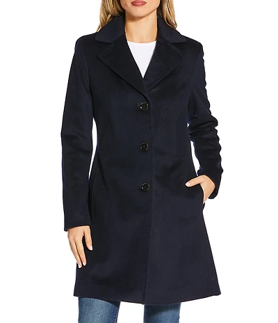 Donna Karan Wool Cashmere Blend Notch Collar Button Front Reefer Coat