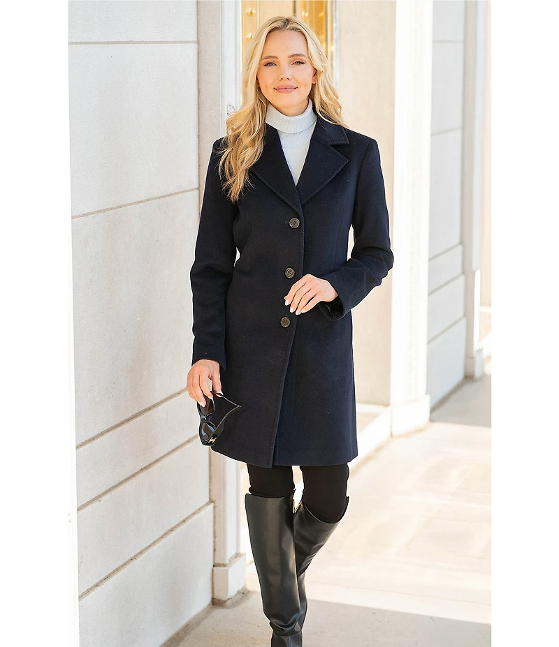 Donna Karan Wool Cashmere Blend Notch Collar Button Front Reefer Coat