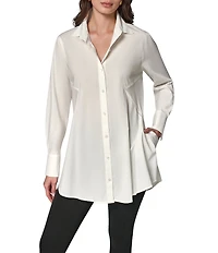 Donna Karan Woven Button Front Collared Long Sleeve High-Low A-line Tunic