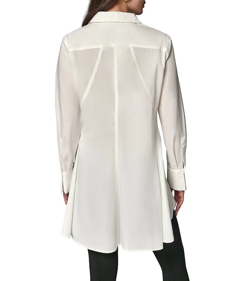 Donna Karan Woven Button Front Collared Long Sleeve High-Low A-line Tunic
