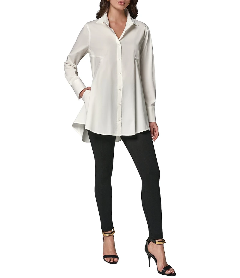 Donna Karan Woven Button Front Collared Long Sleeve High-Low A-line Tunic