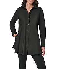 Donna Karan Woven Button Front Collared Long Sleeve High-Low A-line Tunic
