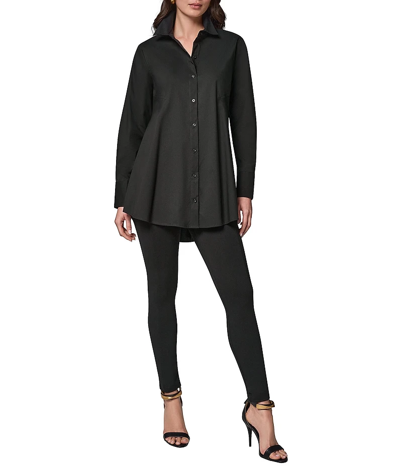 Donna Karan Woven Button Front Collared Long Sleeve High-Low A-line Tunic