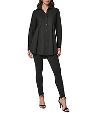 Donna Karan Woven Button Front Collared Long Sleeve High-Low A-line Tunic